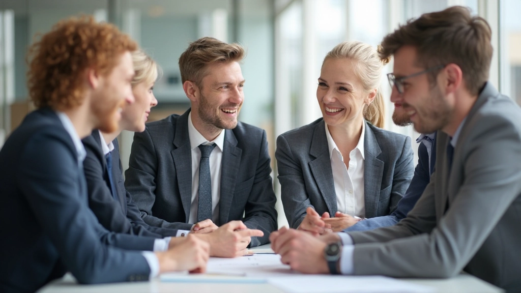 Team van professionals die samenwerken aan tafel, positieve energie, betrokken in constructieve discussie met open lichaamstaal