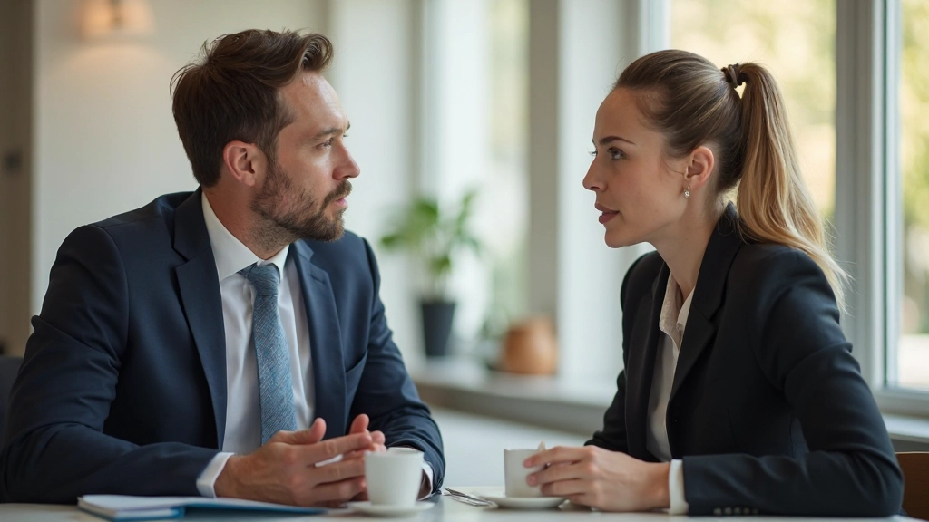 Twee collega's in constructief gesprek, beide kijken naar elkaar met ernstige maar open gezicht, kantoor setting met koffie, warme sfeer