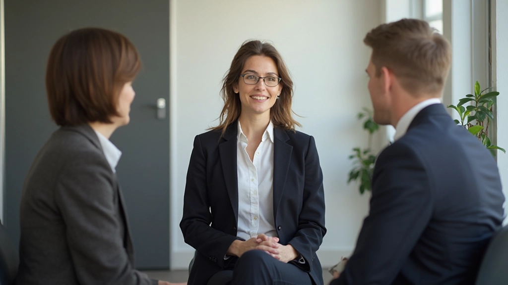 Mediator zittend tussen twee collega's in een neutrale kantoor omgeving, professionele setting, kalme sfeer
