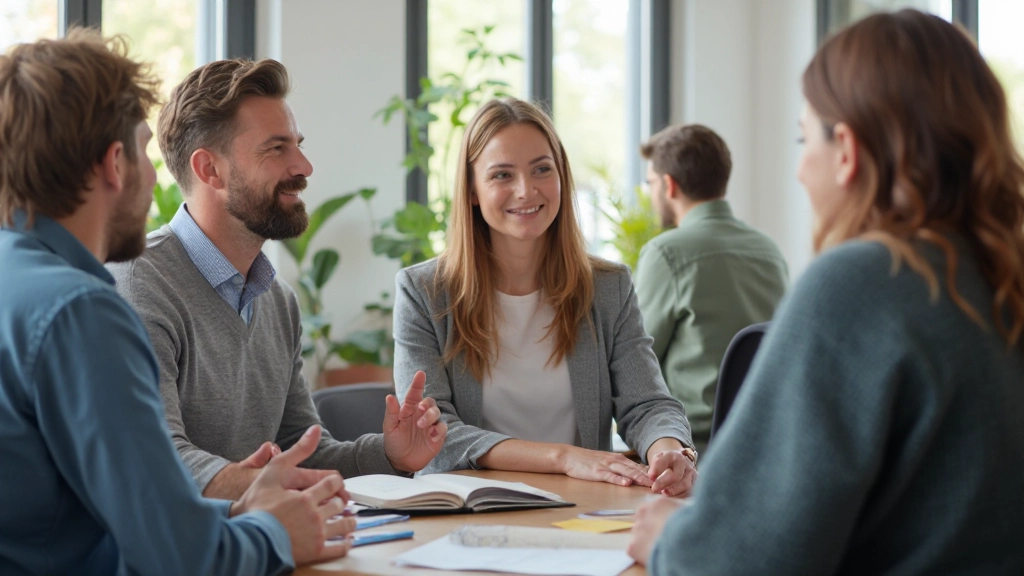Kantoorteam in ontspannen teammeeting, alle deelnemers duidelijk en zichtbaar communicerend met open gezichtsuitdrukkingen