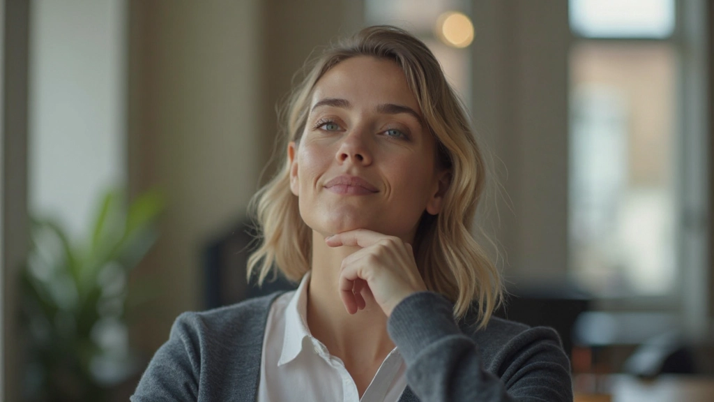 Professional in moment van reflectie, calm en gefocust, positieve emotionele controle zichtbaar in houding en gezicht