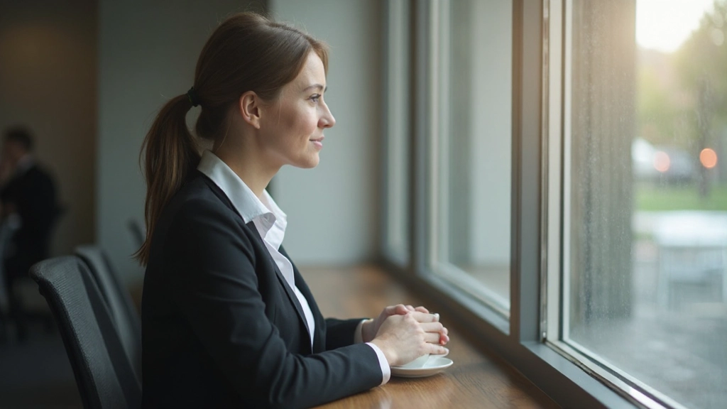 Professional die moment van reflectie neemt bij raam met kopje thee, rustig en gefocust, kantoor achtergrond