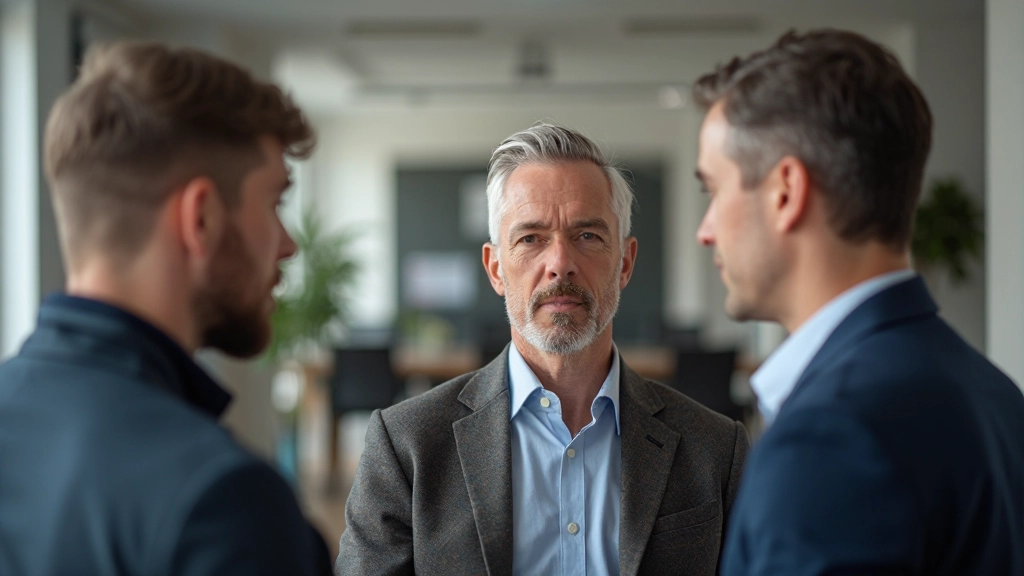 Mediator in het midden van twee collega's, alle drie in open lichaamhouding, concentratie en begrip zichtbaar in gezichtsuitdrukking