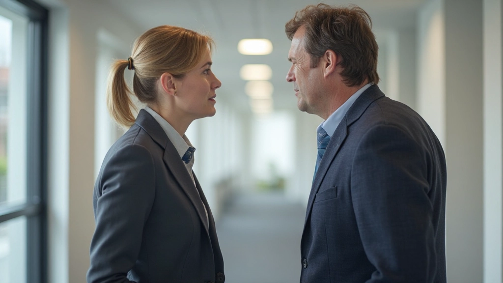 Twee professionals met ongemakkelijke lichaamstaal, afstand tussen hen, vermijdende blikken, kantoor achtergrond, neutrale verlichting