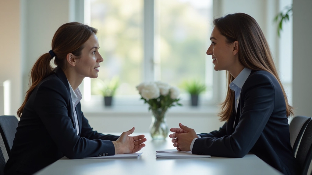 Twee professionals in gesprek aan tafel in rustige kantoor omgeving, constructieve dialoog, open lichaamshouding