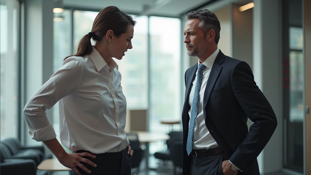 Twee professionelen in gesprek met gespannen lichaamstaal, conflict moment, wat niet te doen bij mediatie