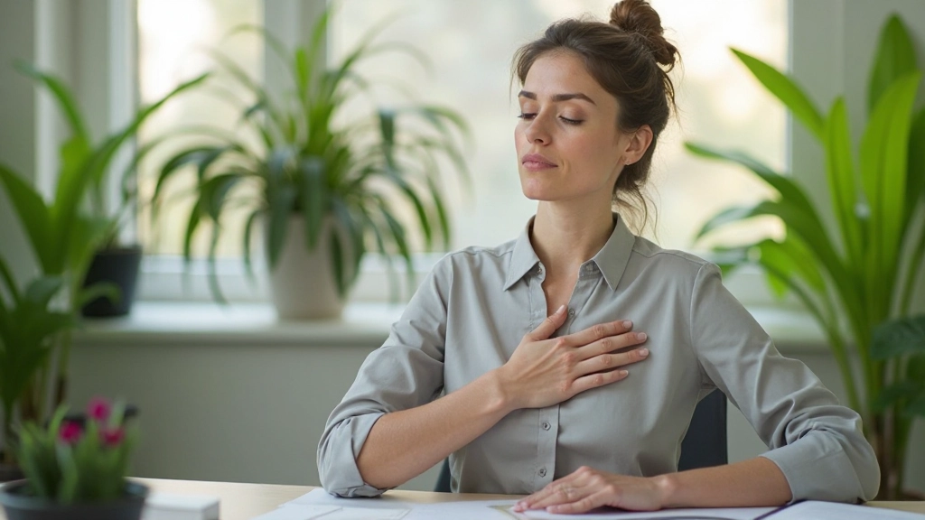 Vrouw aan bureau met hand op hart, diep ademend en gecentreerd, serene werkplekruimte met planten en natuurlijk licht