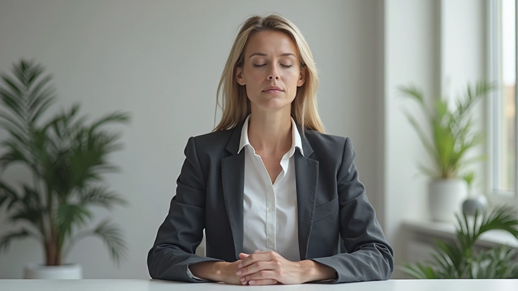 Professional met gesloten ogen die meditatie en innerlijke rust beoefent op werkplek, kalme atmosfeer, zacht licht door raam