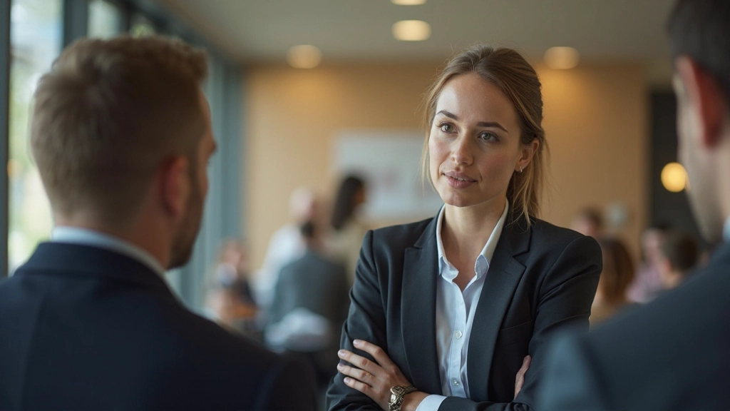 Professionele vrouw luistert aandachtig naar collega, oogcontact, ernstige concentratie, kantoor achtergrond, warme verlichting
