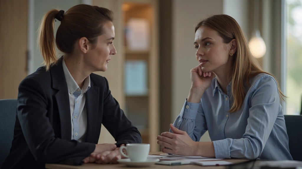 Twee collega's in gesprek, een luistert aandachtig terwijl de ander spreekt, open houding, vertrouwensvol kantooromgeving